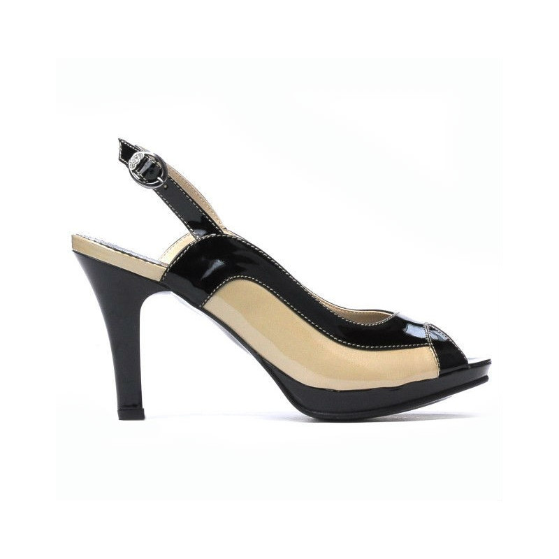 Women sandals 1225 patent black+beige